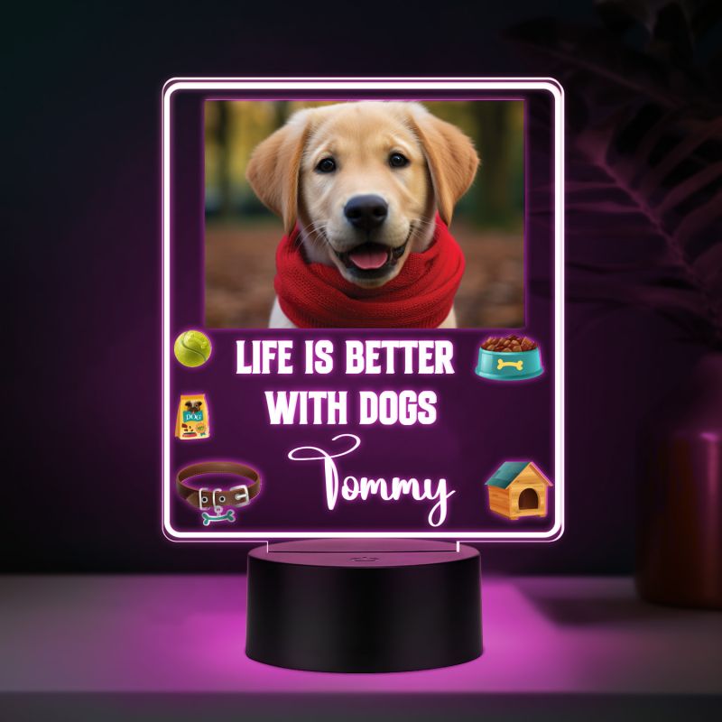 Personalized Dog Photo LED Night Lamp with Custom with Photo & Name, Life is Better with Dogs Quote, Color Changing Acrylic Light with Black Base Gift for Dog Lovers